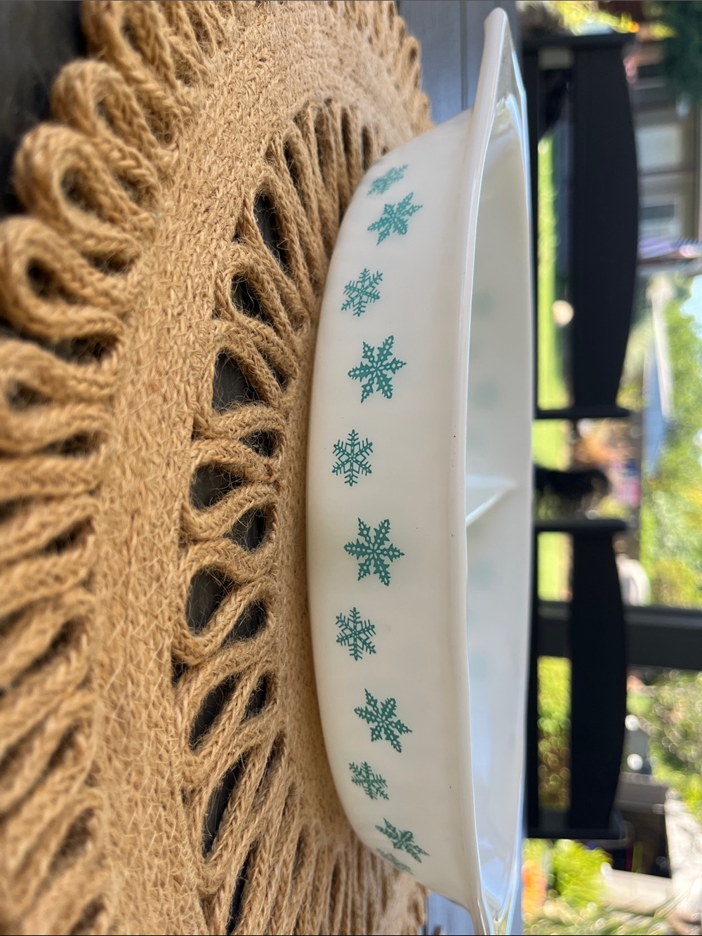 Vintage Pyrex White Casserole Dish with Teal Snowflake Pattern